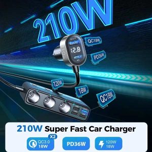 Alternative view of 9-í-1 fjöltengi í bíl (3x sígarettukveikjari & 6x USB raufar (5x USB-C & 1x USB-A - Allt að 210W