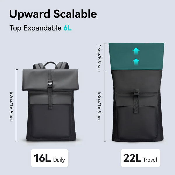 Minimalism Ⅰ er stílhreinn & léttur 16 lítra stækkanlegur í 22 lítra bakpoki fyrir 15,6" – 17,3" fartölvur, YKK rennilásar og þægileg hönnun fyrir daglega notkun - Image 3